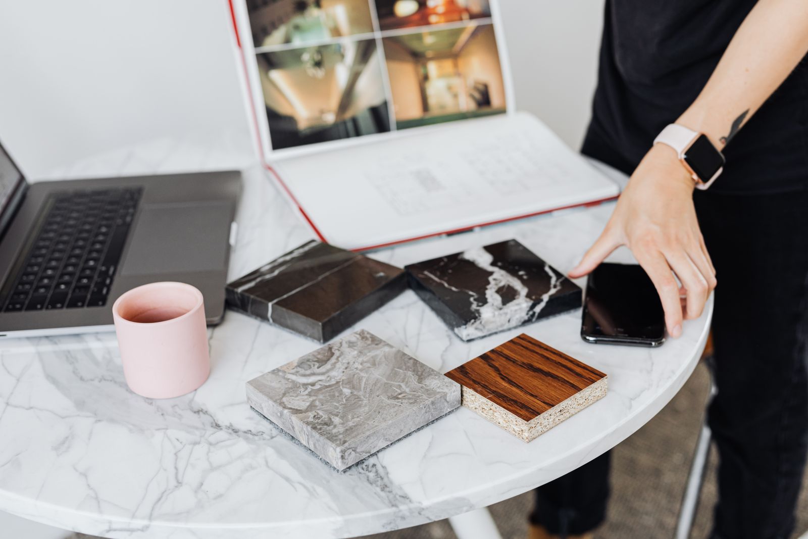Material samples laid out on a studio table